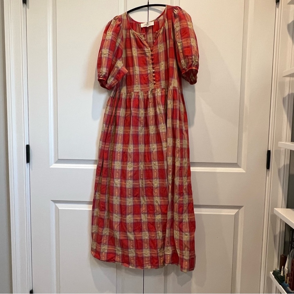 THE GREAT. Midi Plaid The Ravine Puff-Sleeve Dress Size 2